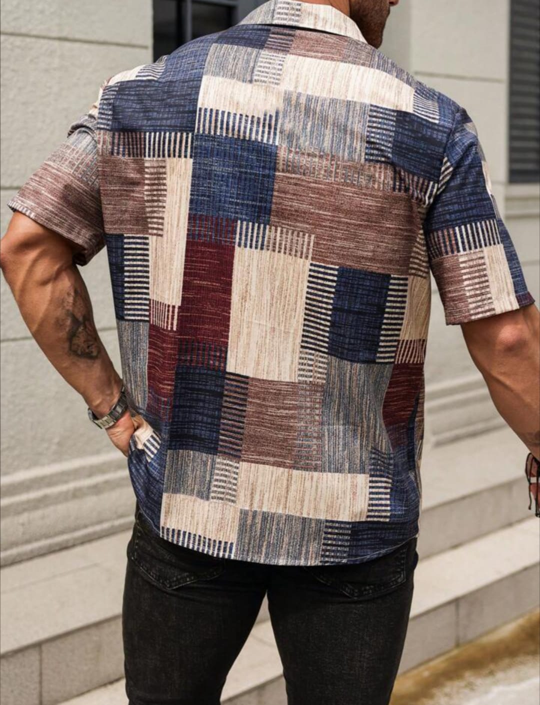 Men's Casual Geometric Patchwork Printed Half Sleeve Shirt